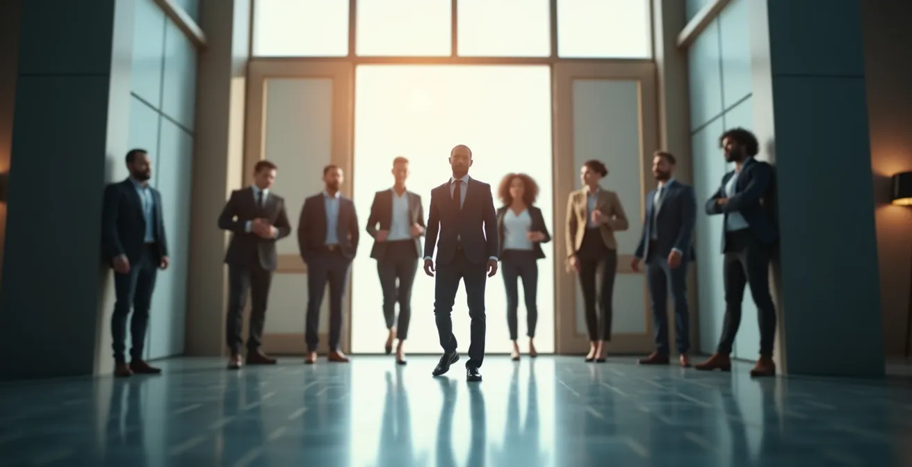 Une illustration symbolique montrant un professionnel souriant ouvrant une porte vers un groupe diversifié de candidats représentant un recrutement réussi