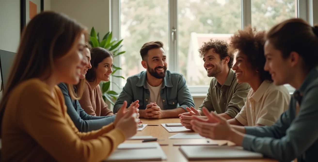 Visuel illustrant un groupe d'employés engagés dans un rituel d'entreprise symbolisant la cohésion et la sécurité psychologique.