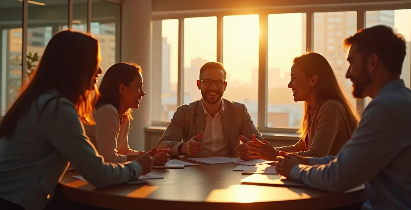 Illustration montrant un environnement de travail avec salariés confiants partageant leurs idées autour d'une table