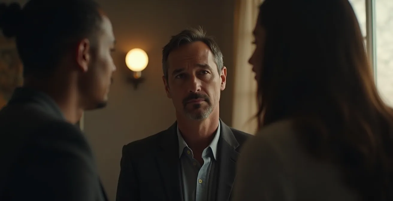 Illustration symbolique d’un manager montrant sa vulnérabilité devant une équipe sécurisée et engageante