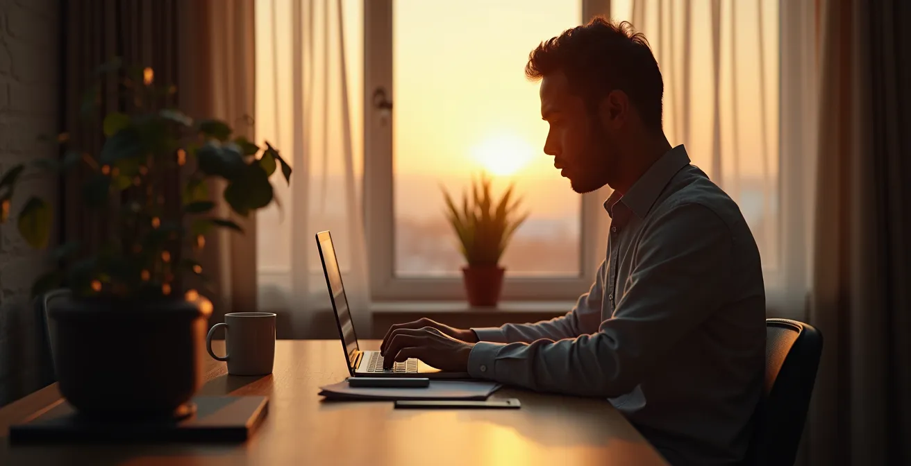 Illustration d'une personne travaillant le soir sur un ordinateur portable, combinant passion et test d'entreprise