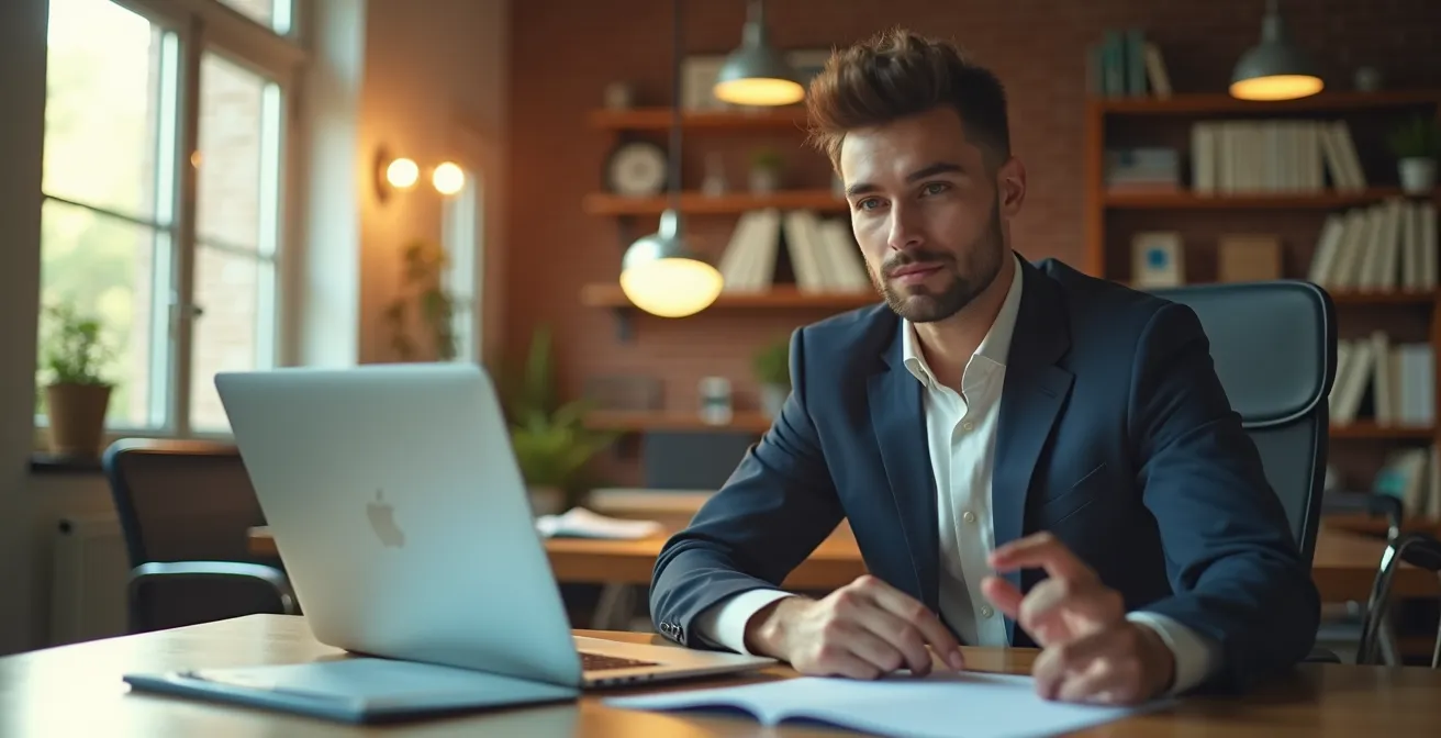 Illustration d'un entrepreneur au bureau passant de la paperasse administrative au travail commercial actif sur ordinateur et téléphone