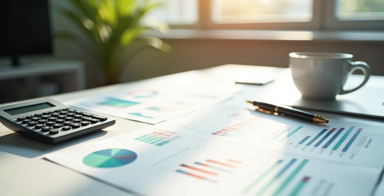 Analyse budgétaire marketing avec tableaux financiers abstraits en arrière-plan