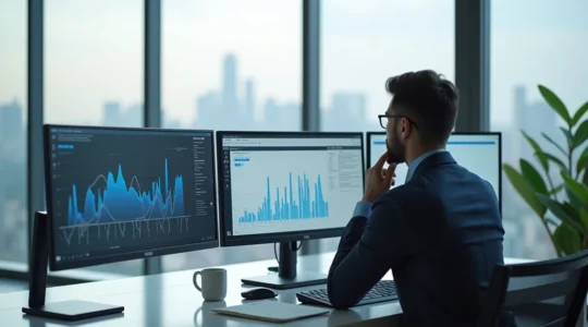 Entrepreneur analysant des données stratégiques avec des graphiques en arrière-plan