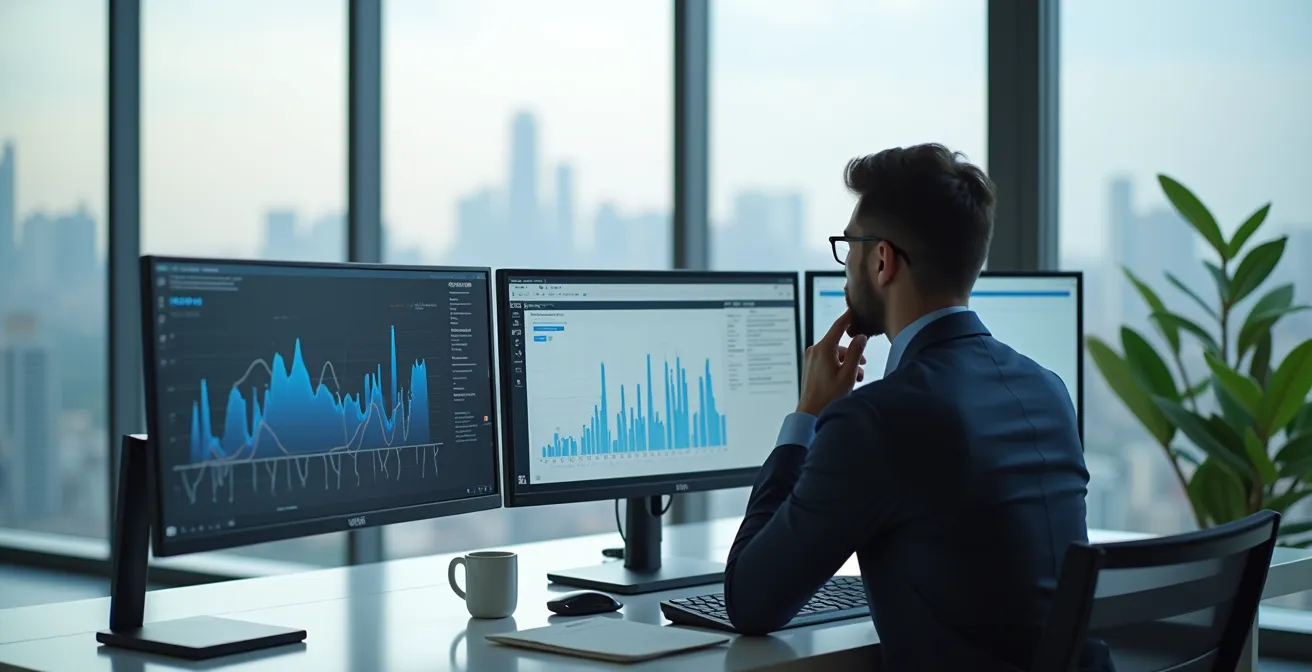 Entrepreneur analysant des données stratégiques avec des graphiques en arrière-plan