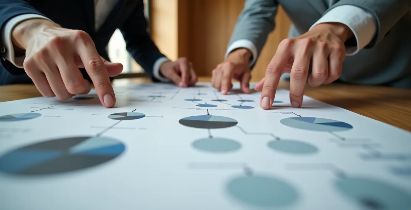 Professionnels examinant des documents stratégiques sur une table de réunion