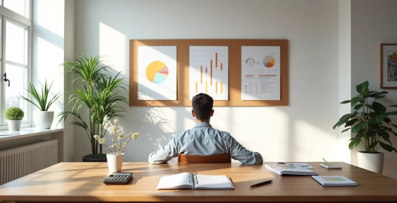 Entrepreneur calculant ses besoins de financement dans un bureau moderne