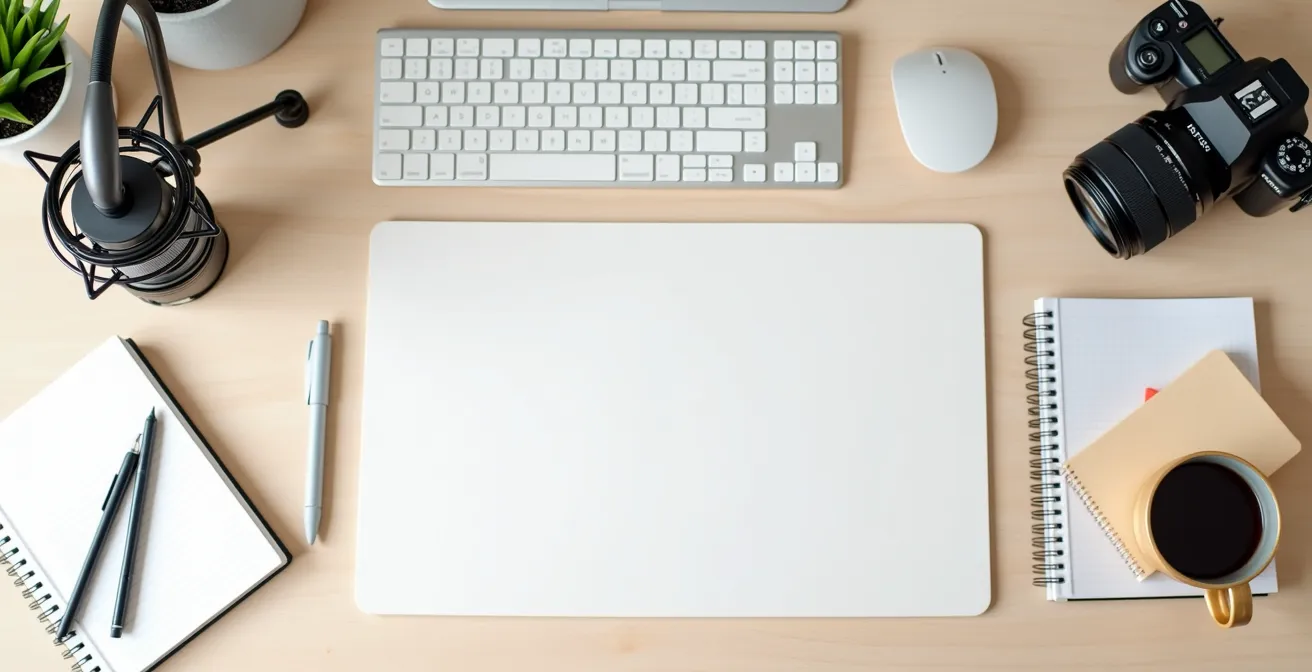 Bureau minimaliste avec équipements de création multimédia disposés harmonieusement