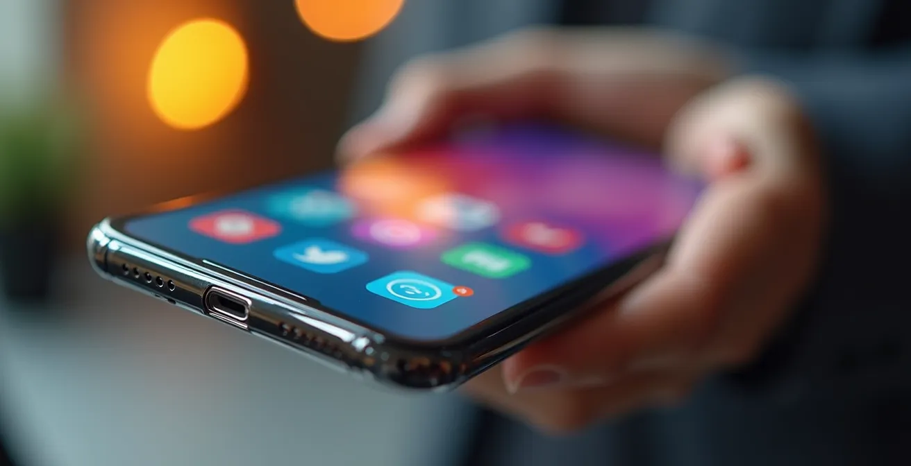 Vue macro d'un smartphone avec des icônes de réseaux sociaux floues en arrière-plan