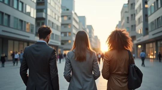 Trois silhouettes d'entrepreneurs debout devant des chemins divergents symbolisant les différents statuts juridiques, dans un décor urbain moderne, lumière naturelle, ambiance professionnelle.