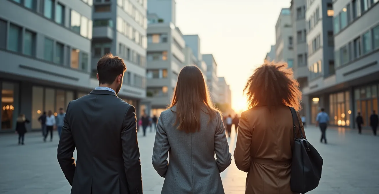 Trois silhouettes d'entrepreneurs debout devant des chemins divergents symbolisant les différents statuts juridiques, dans un décor urbain moderne, lumière naturelle, ambiance professionnelle.