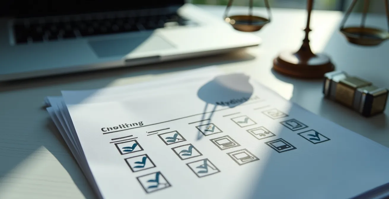 Bureau avec documents juridiques et ordinateur montrant une checklist de conformité