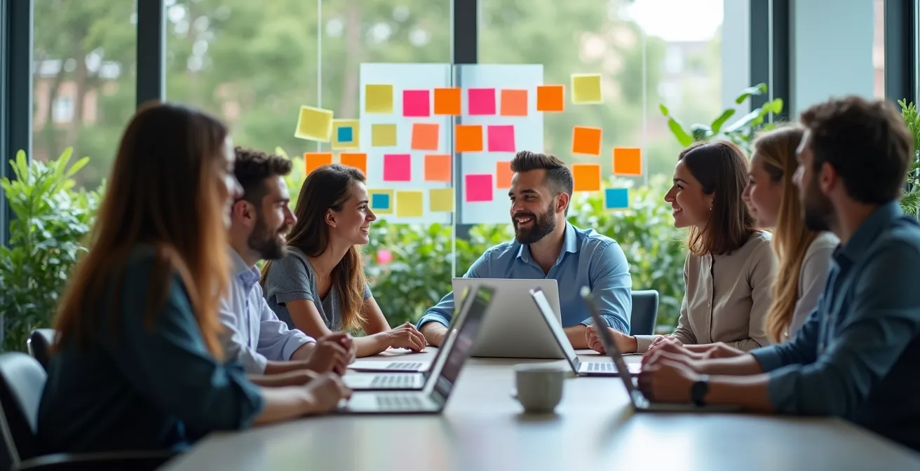 Équipe créative en brainstorming autour d'une table avec post-its colorés et ordinateurs portables fermés