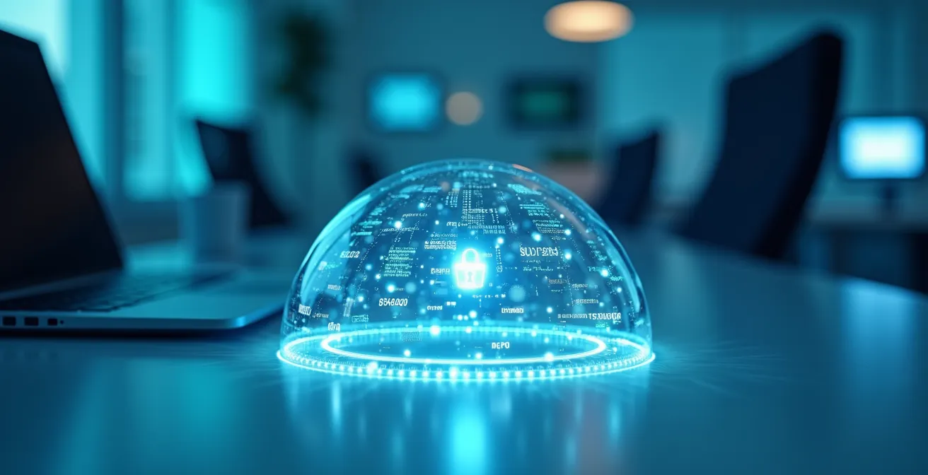 Représentation symbolique de la protection des données en entreprise avec un bouclier numérique transparent.