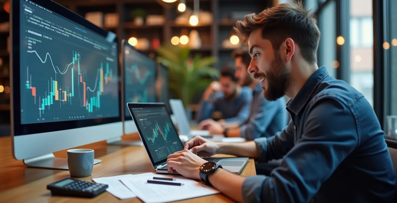 Personne analysant des tendances de marché sur plusieurs écrans avec graphiques abstraits