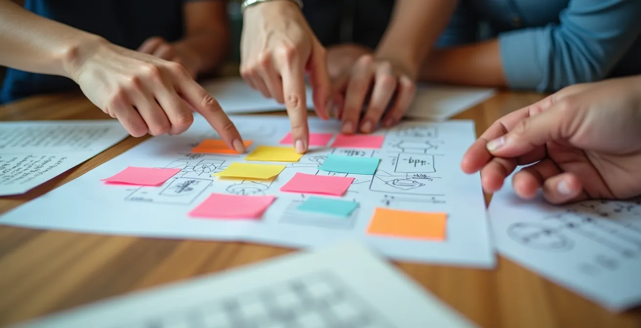 Équipe diversifiée en séance de brainstorming autour d'une table avec post-its colorés