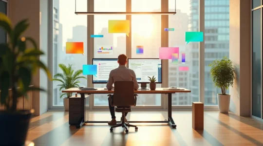 Vue aérienne d'un bureau moderne avec entrepreneur analysant données de marché et graphiques pour prise de décision