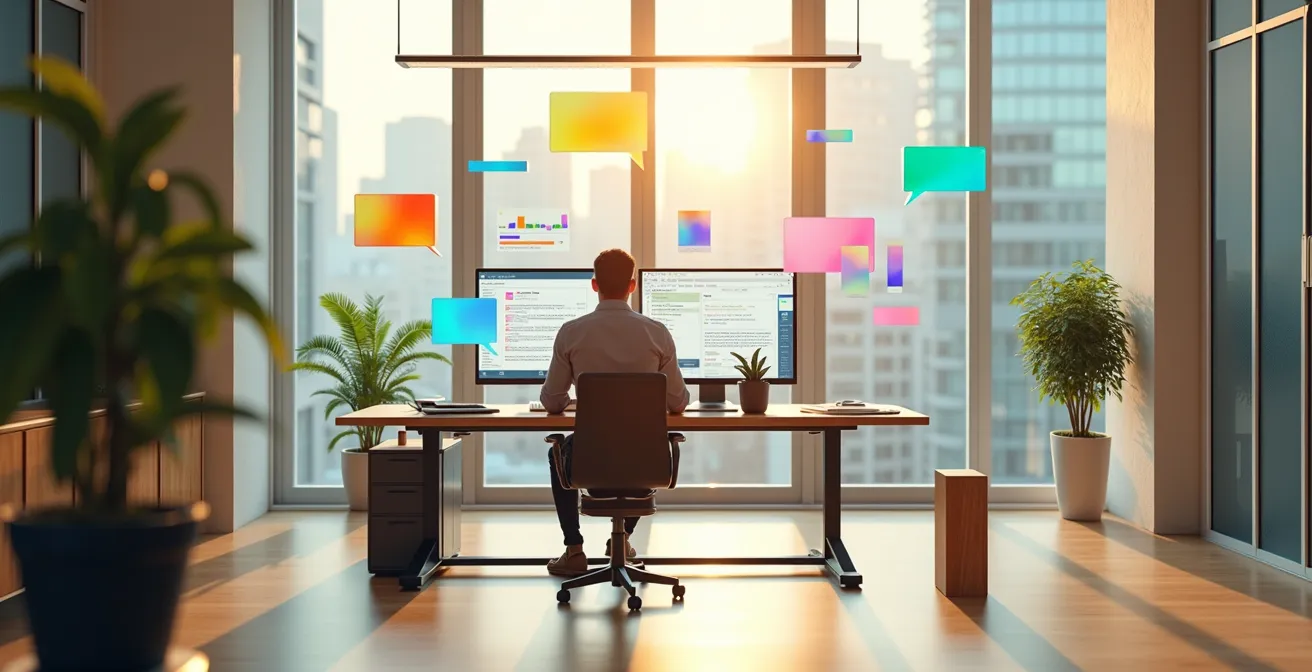 Vue aérienne d'un bureau moderne avec entrepreneur analysant données de marché et graphiques pour prise de décision