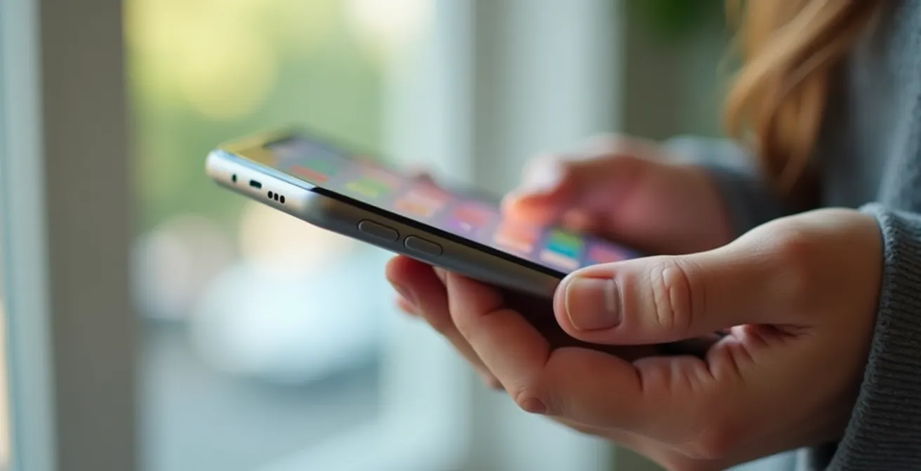 Main tenant un smartphone montrant une interface e-commerce épurée et moderne