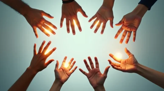 Scène symbolique illustrant la diversité des ressources de financement d'une entreprise, avec des mains tendues vers différentes sources de lumière représentant les options de financement, sur fond neutre et espace négatif.