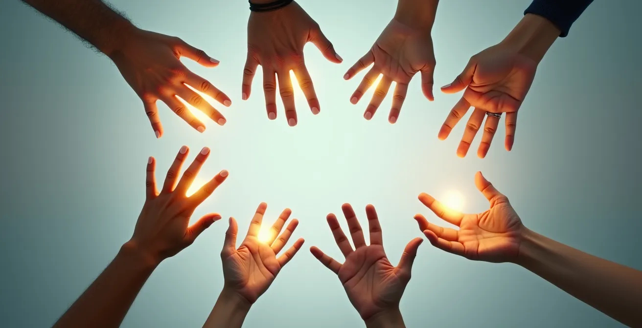 Scène symbolique illustrant la diversité des ressources de financement d'une entreprise, avec des mains tendues vers différentes sources de lumière représentant les options de financement, sur fond neutre et espace négatif.