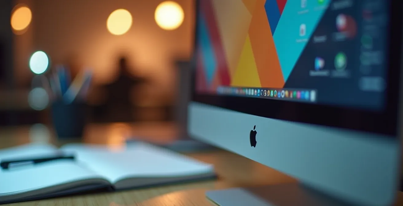 Écran d'ordinateur montrant des formulaires abstraits avec bureau organisé et documents