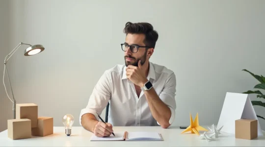 Photographie éditoriale réaliste illustrant la réflexion sur une idée de business, avec un entrepreneur pensif dans un espace lumineux et moderne, zone de vide exploitable à gauche.