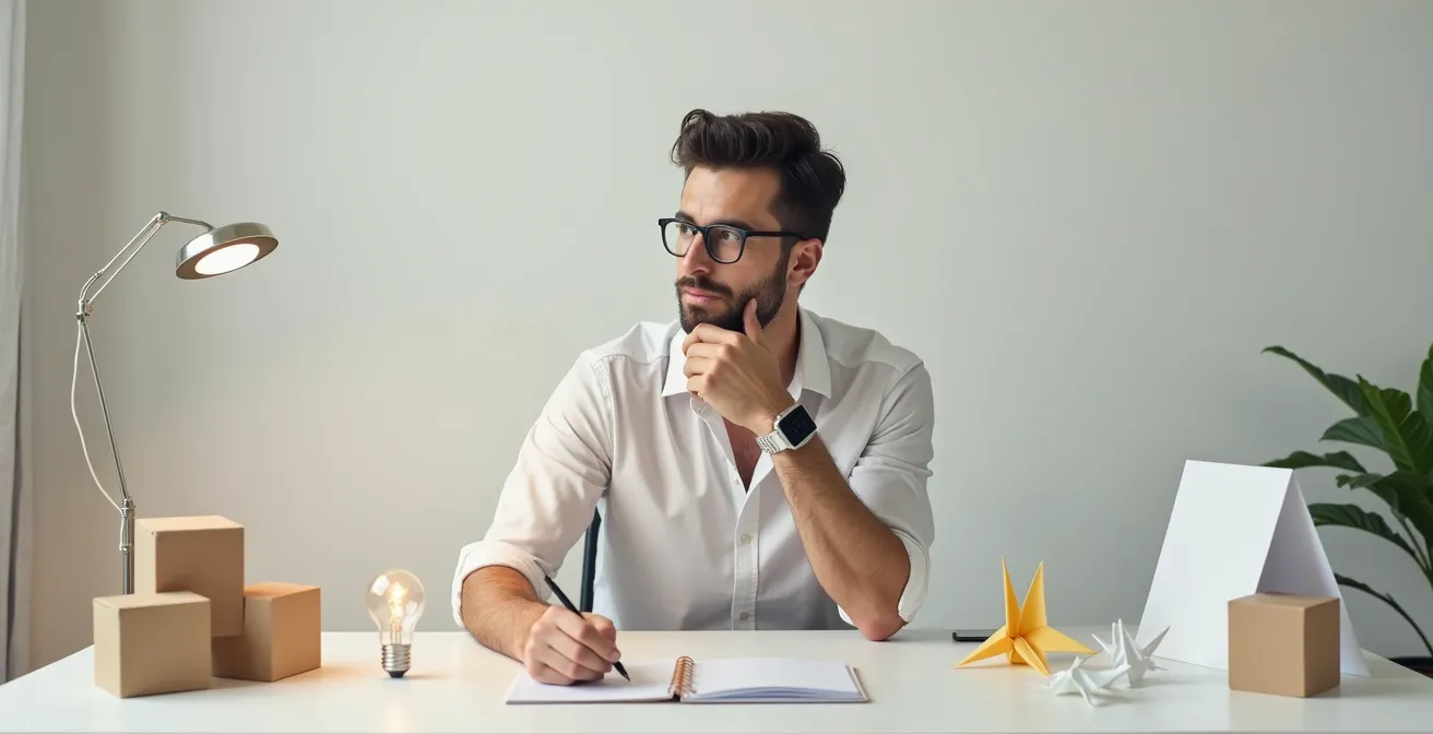 Photographie éditoriale réaliste illustrant la réflexion sur une idée de business, avec un entrepreneur pensif dans un espace lumineux et moderne, zone de vide exploitable à gauche.