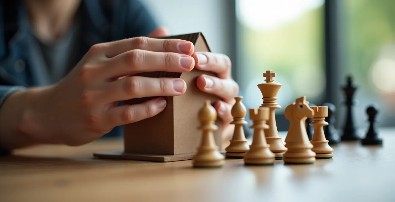 Gros plan sur des mains posées sur une maquette de maison et des pièces d'échecs, symbolisant la protection du patrimoine personnel de l'entrepreneur.