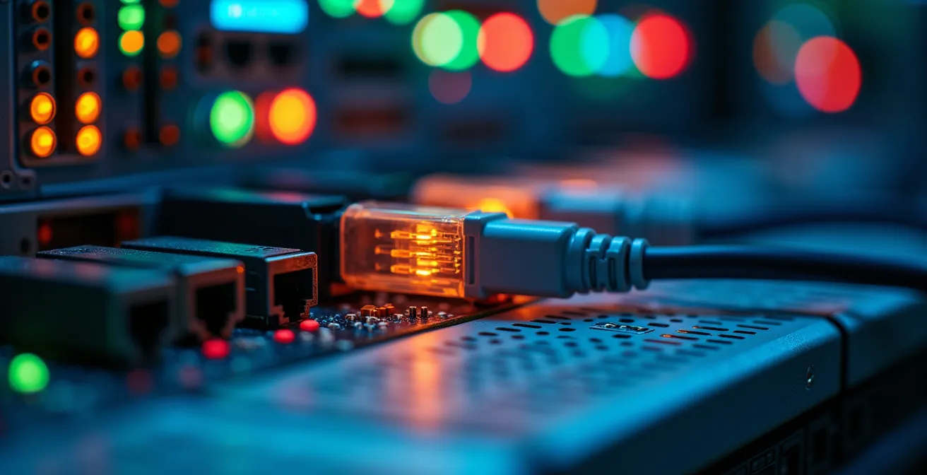 Technicien vérifiant la sécurité d'un serveur web avec indicateurs de performance