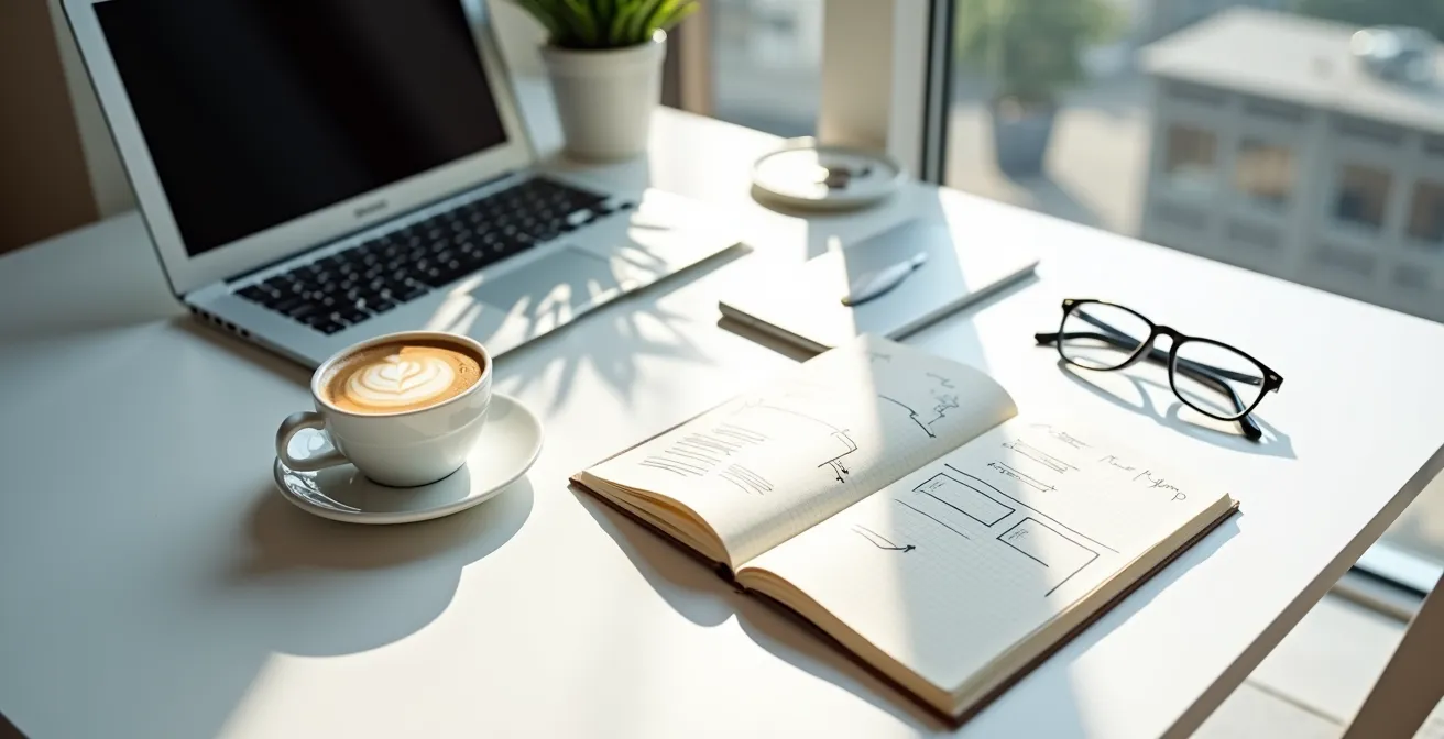Environnement de travail minimaliste avec ordinateur portable fermé et carnet de notes