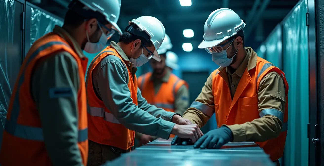 Salle serveur avec système de protection contre l'eau et équipe technique en intervention