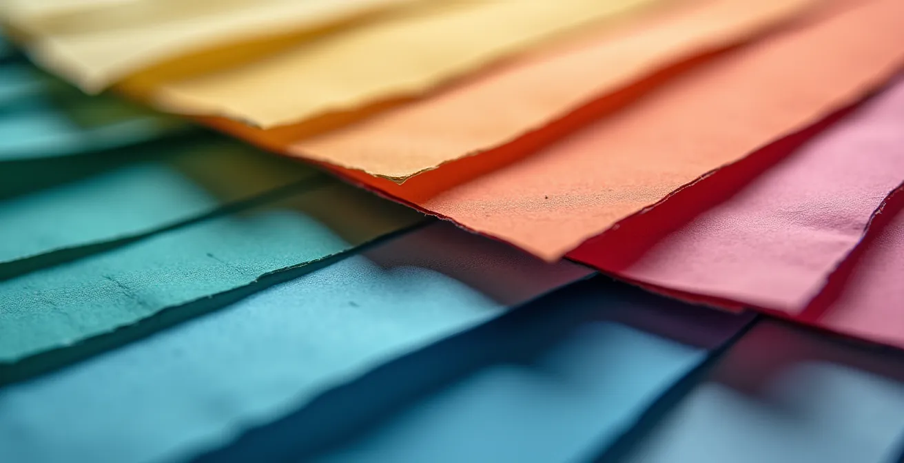 Vue macro de papiers colorés disposés en motif créatif abstrait