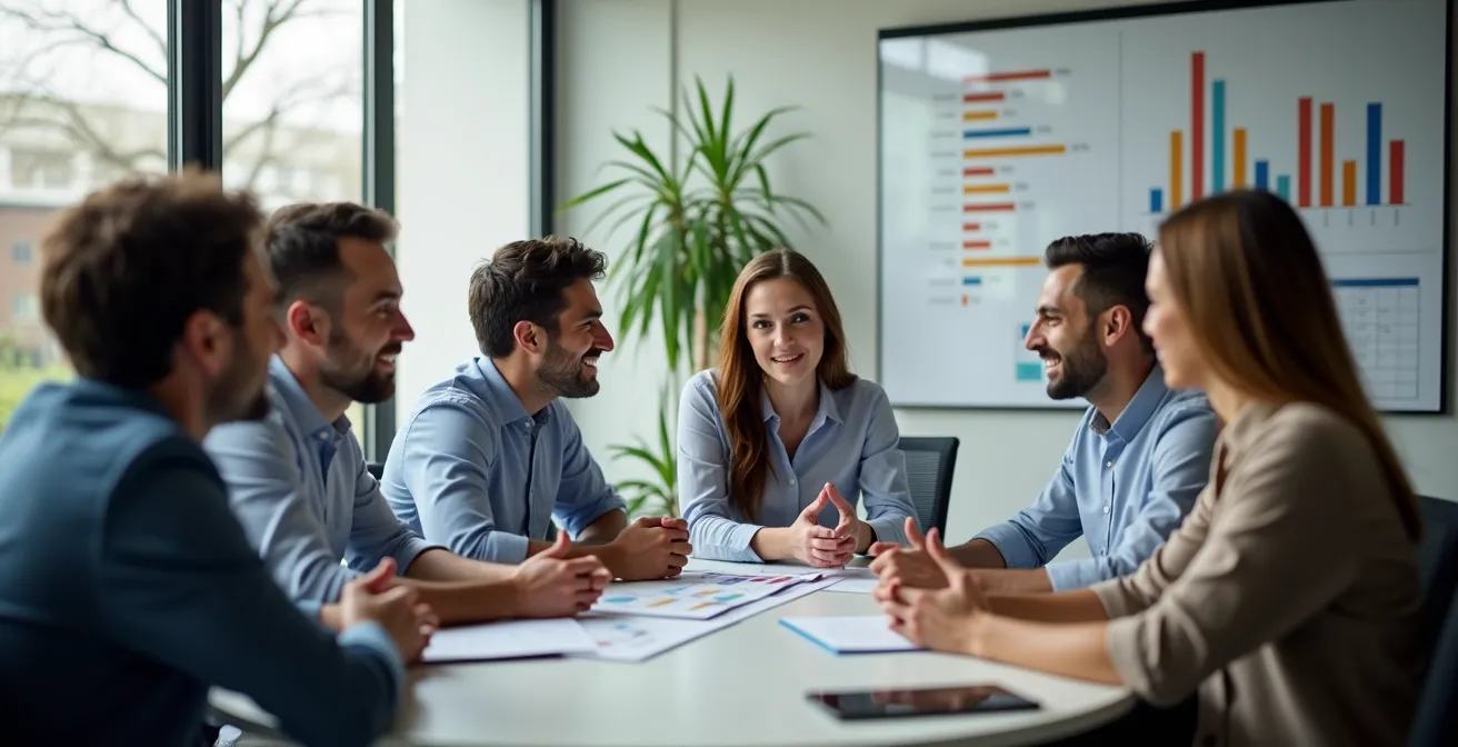 Équipe analysant les écarts du prévisionnel lors d'une réunion collaborative