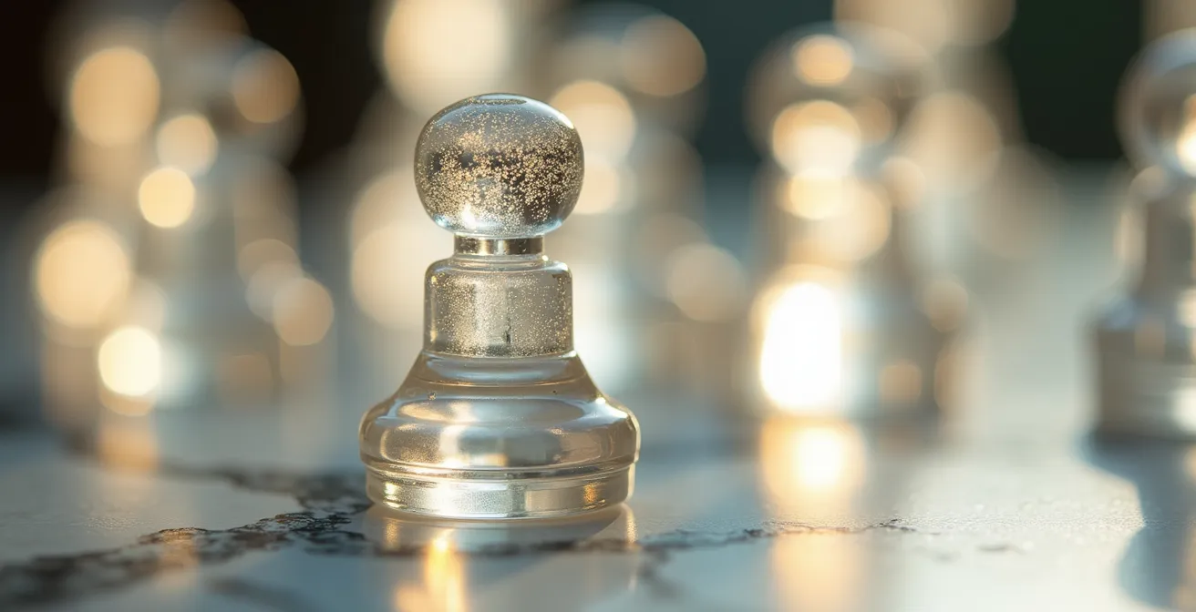 Vue macro de pièces d'échecs en verre symbolisant la stratégie fiscale d'entreprise