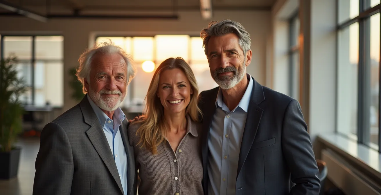 Portrait multigénérationnel symbolisant la transmission d'entreprise familiale