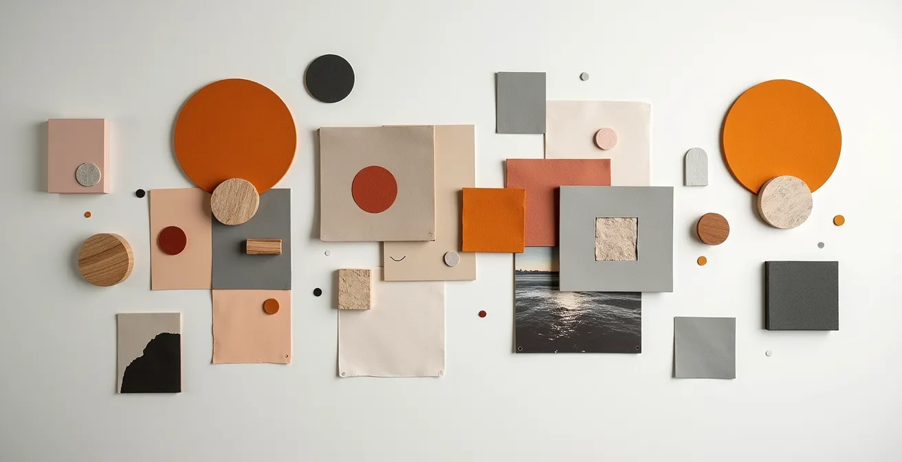 Moodboard créatif montrant la transformation des valeurs d'entreprise en éléments visuels